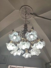 Coppia Lampadari In Ottone E  Coppe Vetro N 13  Luci Vintage