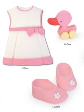 SET DECORAZIONI IN ZUCCHERO BIMBA ABITO SCARPINE E PAPERELLA 3 PZ