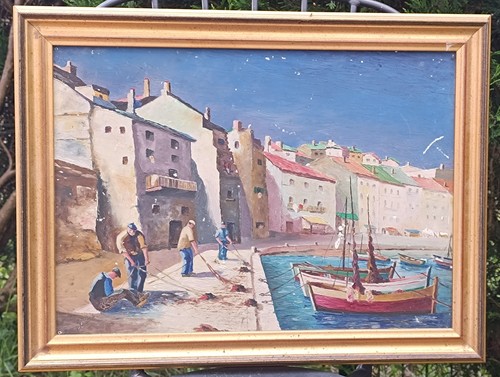 Huile sur toile port pêche - toile, de