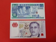 Coppia banconote Singapore 1 Dollaro 1987 2 Dollari polimero 2018 Fds