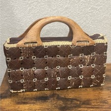 Borsetta vintage conchiglia di cocco borsetta manico in legno chiusura cerniera marrone marrone marrone