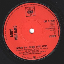 Andy Williams Where Do I Begin Love Story 7" Vinile UK CBS 1971 Etichetta Solida