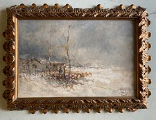 ANTICO DIPINTO OLIO TELA Lucio Todeschini PAESAGGIO RURALE INVERNALE NEVE FIGURA