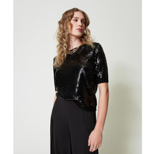 Top camicia Twinset nero con paillettes ricamate in lana taglia M nuovo con etichetta