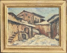 Giovanni Gagino ( Fossano CN 1924 - Cuneo 2014 ) "Neve a Limone P.te 1954" ,olio