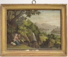Painting picture  DIPINTO Olio su carta SACRA FAMIGLIA IN FUGA IN EGITTO  1700