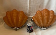 Pair Of Art Deco Odeon Clam Shell Coral Frosted Glass & Chrome Wall Lights