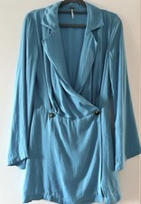 Free People Simone Mini Abito Avvolgente Pappagallo Blu Manica Lunga Taglia SP