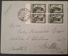 Storia Postale Repubblica Espresso Lire 25 Quartina da Varese a Biella 1951