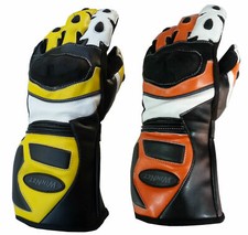 Guanti da pista per moto in vera pelle con protezioni S M L XL XXL arancio giall