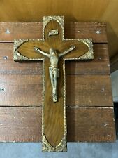 ANTICO CROCIFISSO IN OTTONE E LEGNO PRIMI DEL 900 CROCE PARTICOLARE 40x23 Cm