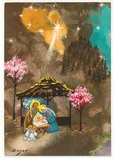 1978 cartolina vintage auguri di Buon Natale capanna natività presepe angeli