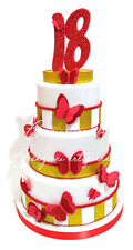 Torta scenografica finta 18° Compleanno rosso oro farfalle gomma eva 3 piani