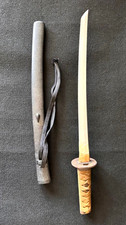 Antica spada giapponese con lama in legno e montaggio wakizashi lunghezza 22,4 pollici