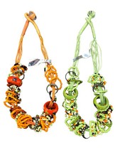 2 COLLANE IN CORDINO PERLINE ANELLI VERDE ARANCIONE BIGIOTTERIA COLLANA CM 65