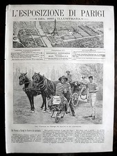 stampa antica gravure EXPO 1889 CORSA DA VIENNA A PARIGI CARRIOLA  CAVALLI 