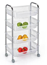CARRELLO CUCINA PORTA FRUTTA METALLO 4 CESTE BIANCHE RUOTE CROMO 90*28*46 cm