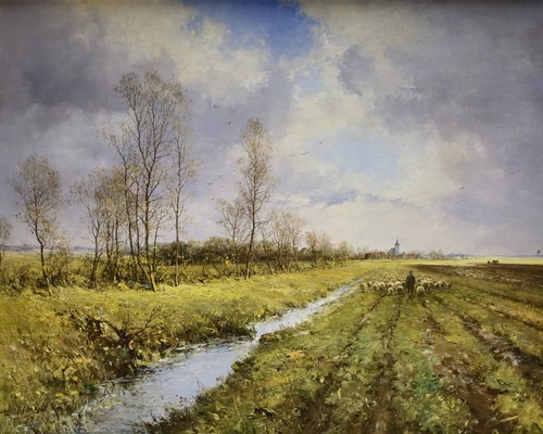 Dipinto olio paesaggio pastore