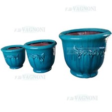 Vaso vasi rotondo in terracotta smaltata ceramica azzurro mare no resina arredo