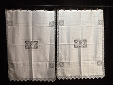 Antiche Tendine Tende Coppia Ricamo A Mano Micro Filet Su Lino  70x100 Circa.