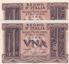 Regno - 1 Lira Impero 1939 FDS / UNC - Lotto 2 Banconote Consecutive da Mazzetta