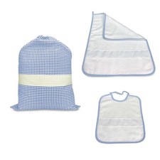 SET ASILO TRIS SACCO e ASCIUGAMANO e bavaglino A QUADRETTI TINTO IN FILO con tel