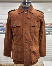 Giacca militare uomo 100% vera pelle scamosciata 4 tasche marrone con bottoni