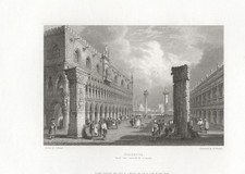 VENEZIA, PIAZZETTA S. MARCO, di  S. PROUT , incisione del  1833 + passepartout
