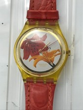 Orologio da polso SWATCH Gent LYLIUM (GJ114)-Rosso-Pelle-Giglio-Gigli-Fiori-L@@K!