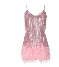 Mini Abito Girocollo Paillettes Rosa Piuma Senza Maniche Tinta Unita Festa Taglia M