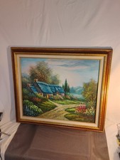 🔥Quadro olio vintage tela alberi montagna fiori capanna casa firmato incorniciato 