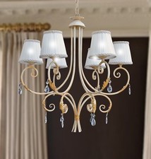 Lampadario sospensione classico 6 luci ferro battuto paralumi foglie cristalli 