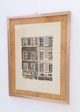 ♥ ORFEO TAMBURI LITOGRAFIA TETTI FINESTRE VINTAGE QUADRO CON CORNICE 80X60 cm