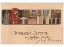 cartolina Pittius Primi'900 pasquale liberty bambine conigli Pasqua Ostern