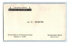 1920s Electric-Equipment Co 50 Nanking Road Shanghai Cina biglietto da visita P84