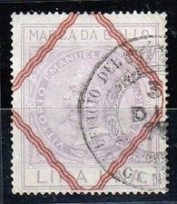 ITALIA REGNO Marca da bollo 1863 Vittorio Emanuele II LIRA UNA losanghe usata