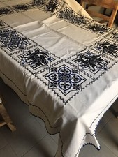 Tovaglia Antica Inglese Simboli Araldici Ricami Fatti A Mano Tessuto Lino 