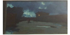 renato natali, Notturno Con Asino, 24x13 Cm. Timbro Galleria Athena Sul Retro 