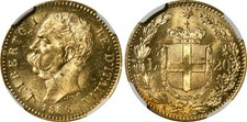 ITALY , GOLD 20 LIRE 1886 R
