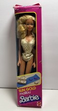 Sun Gold Malibu Barbie bambola costume da bagno oro Mattel #1067 nuovo con scatola vintage 1983