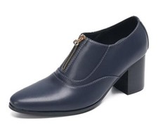 Men's Fashion Retro British Pointy Toe Zipper Leather Shoes Block High Heels