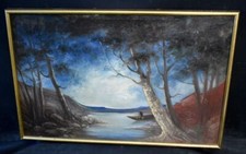 1930 Crépuscule Pêcheur Forêt Lac barque arbre Lune nuages Peinture lumière Soir