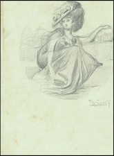 Disegno Originale Luigi De Servi (1863 - 1945) Dama in Salotto