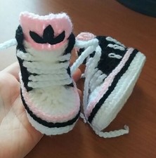 Scarpine Scarpette Uncinetto Neonati LANA Acr. 0-3 Mesi Suola Cm9 Sport Rosa