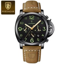 POEDAGAR Sports Men's Watch Quartz 3ATM Luminous Date Chronograph Leather Strap