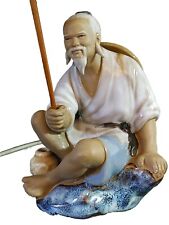 STATUA  CERAMICA SMALTATA MARCHIO CHINA PESCATORE , RICCA DI PARTICOLARI