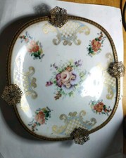 Antico Piatto Limoges Peint A La Main,Bordo In Ottone 