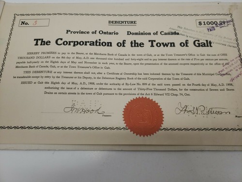 Galt ontario 1908 debenture - ontario,