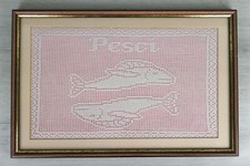 QUADRO INCORNICIATO RICAMO ORIGINALE - FATTO A MANO - ZODIACO - PESCI - 49X32 CM