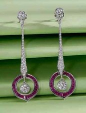 Orecchini pendenti/goccia FN in oro bianco 14 carati con diamanti e rubini stile Art Deco